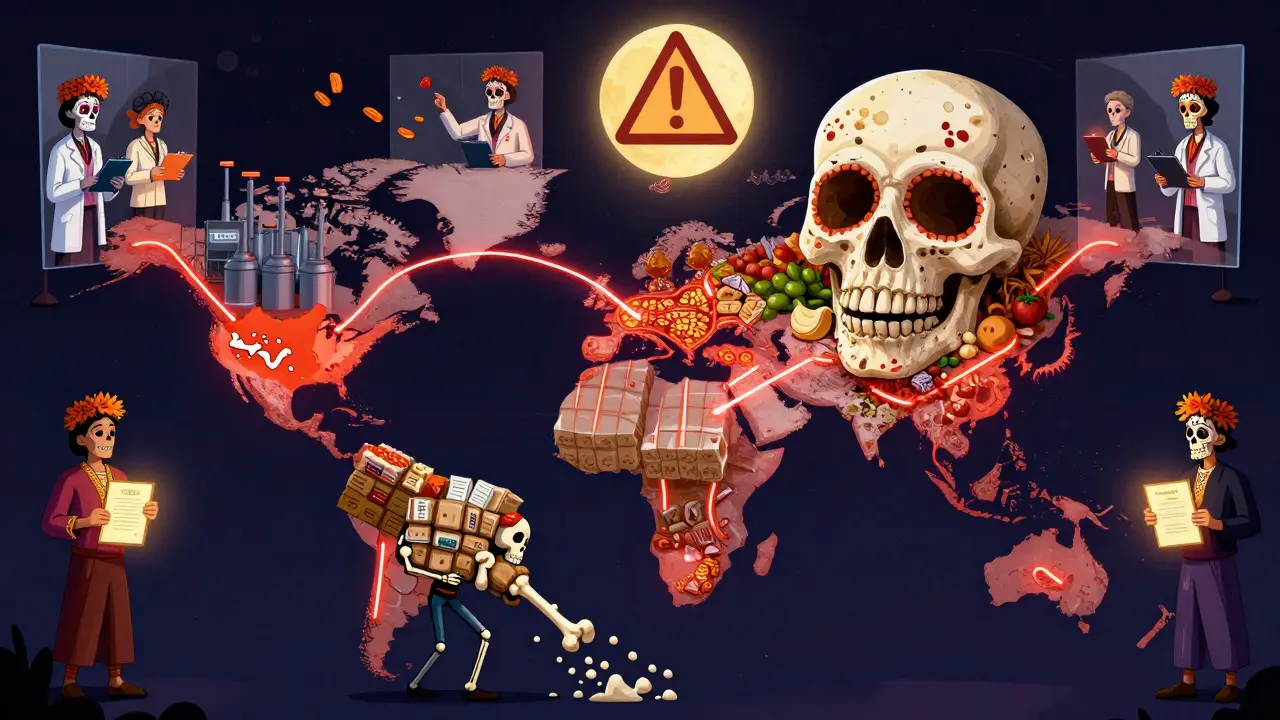 A global map shows food shipments dissolving into bones at the U.S. border, with bilingual staff holding certificates and calaveras conducting mock inspections under a warning moon.