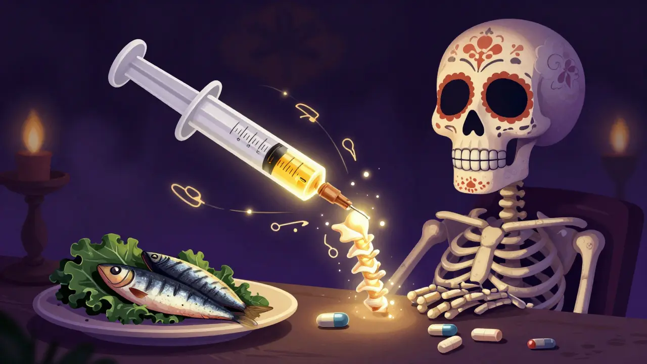 A glowing syringe rebuilding a skeleton's spine with medicinal symbols as Day of the Dead art, beside food and discarded pills.