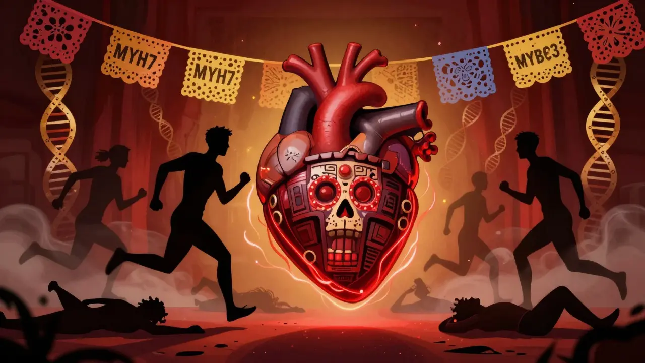 A heart with a thickened septum shaped like a shield, surrounded by athletes and DNA helixes, in vibrant Mexican folk art style.