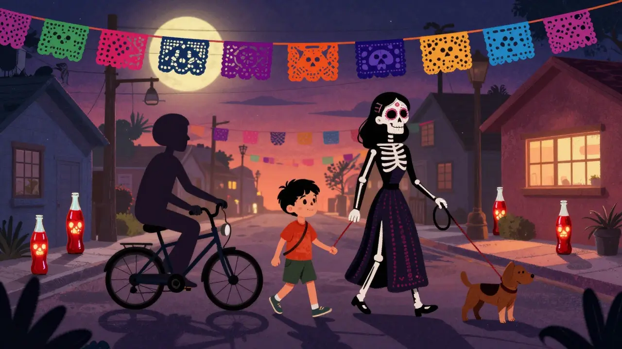 A parent and child walk at night, shadows turning into dancing skeletons, leaving sugary drinks behind.