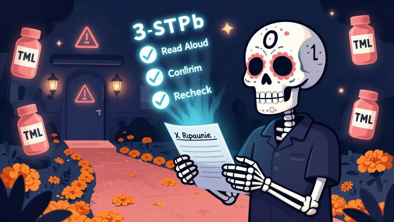 A patient holding a fading handwritten script as letters turn into sugar skulls, with verification steps glowing above.