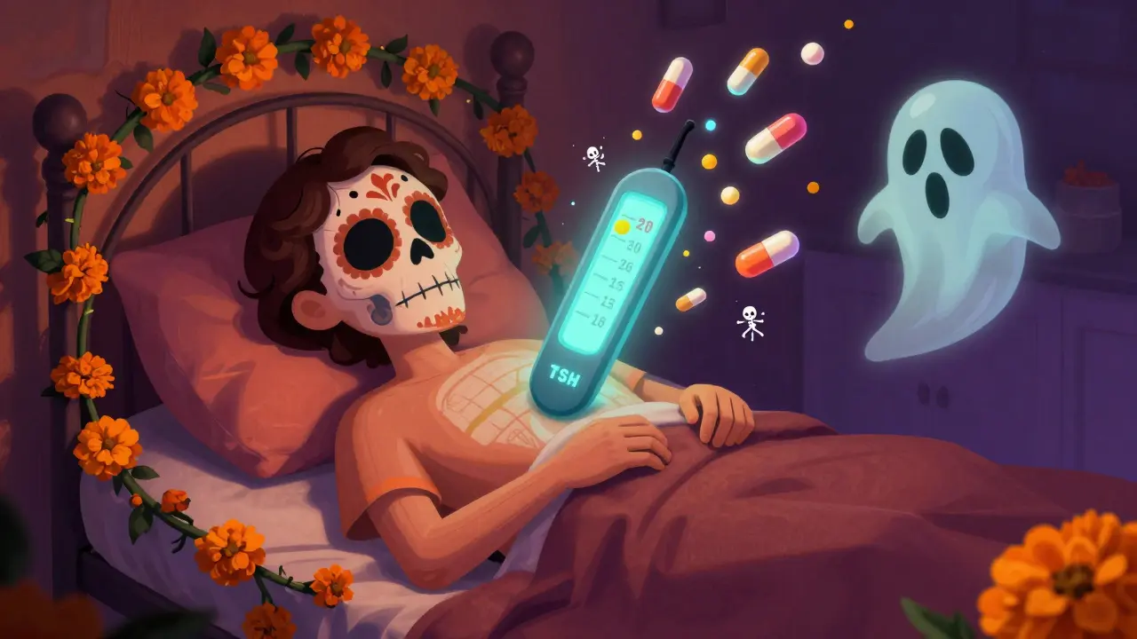 A patient in bed with fluctuating TSH numbers and ghostly pills dissolving at different rates, surrounded by colorful fillers as skeletons.
