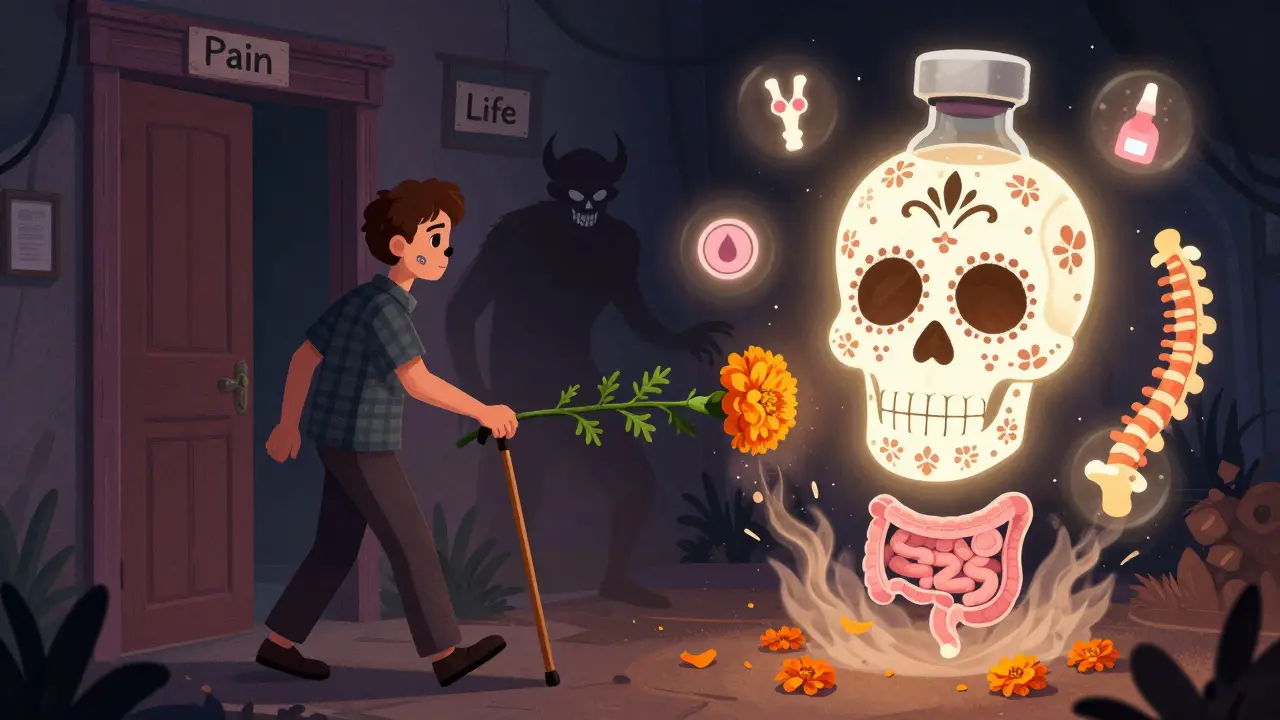 A patient walking from pain to life as TNF-alpha demons dissolve under a glowing sugar-skull biologic drug, with healing joints and gut in the background.