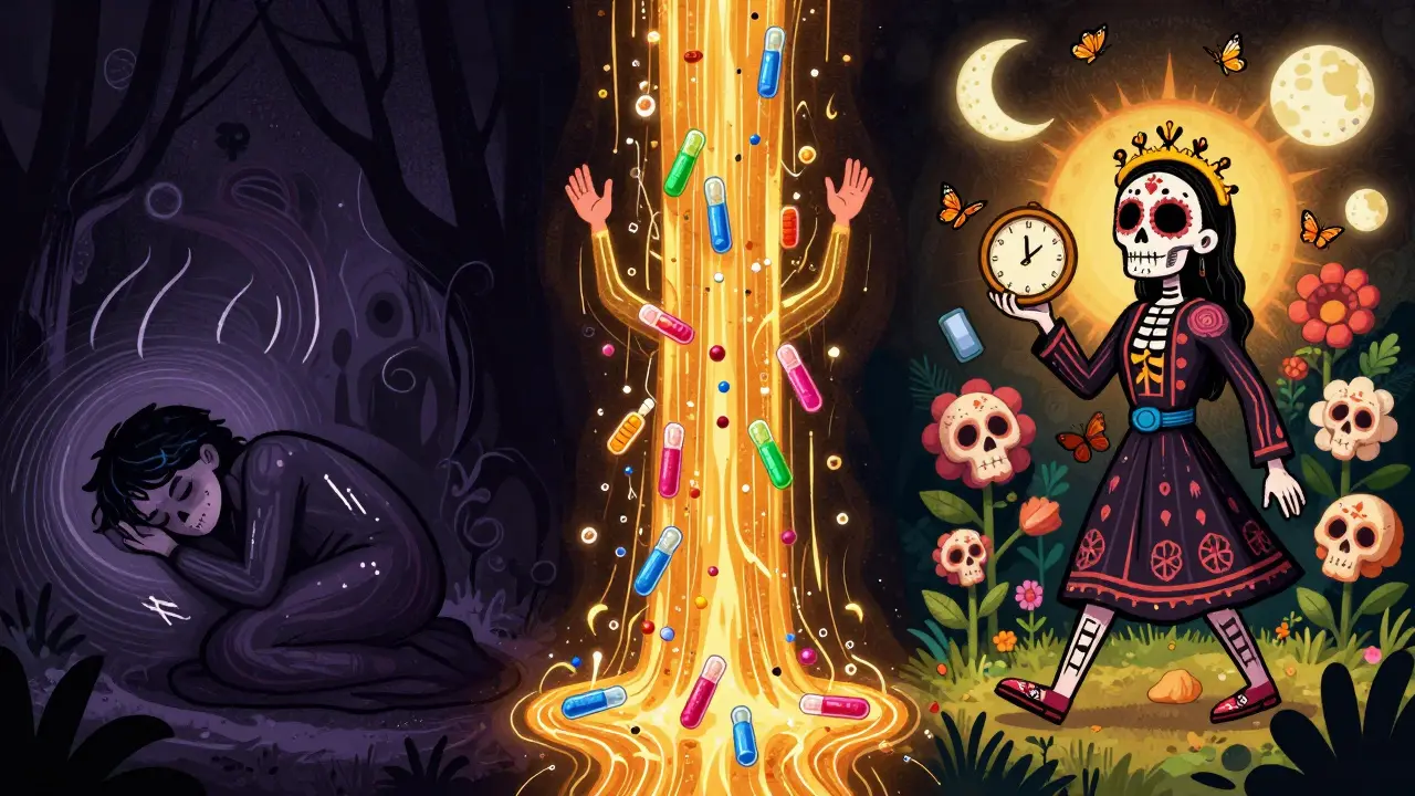 A person rising from darkness to light, walking through a garden of skull-flowers, symbolizing recovery from autoimmune encephalitis.