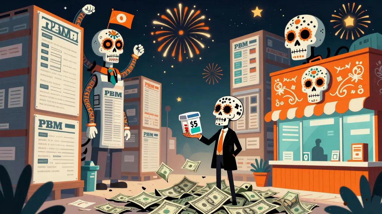 A pharmacist holds a small generic pill box above crumbling cash, while giant mail-order warehouses loom in the background.