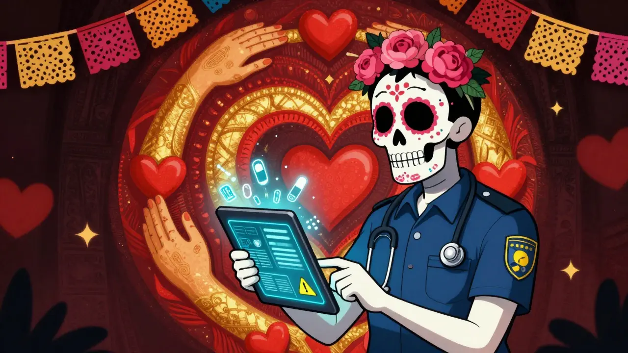 A safety officer reviews a glowing digital report with animated medication safety icons, set against a mural of connected hands.