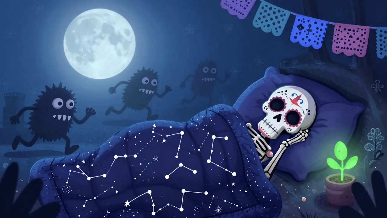 A sleeping skeleton rests under a starry quilt as stress monsters flee, with a plant glowing on their chest.