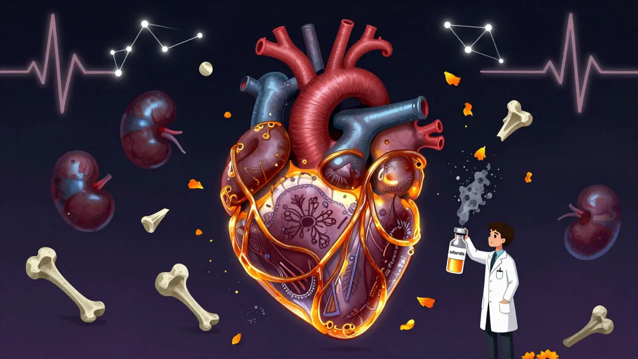 A stiff, encased heart wrapped in amber-like proteins, with spectral organs and a medical vial, set against a somber Day of the Dead sky.