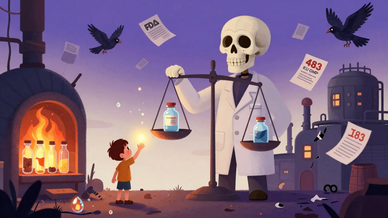 A symbolic scale balancing safe injectables against a failing factory, with regulatory warnings turning into crows.