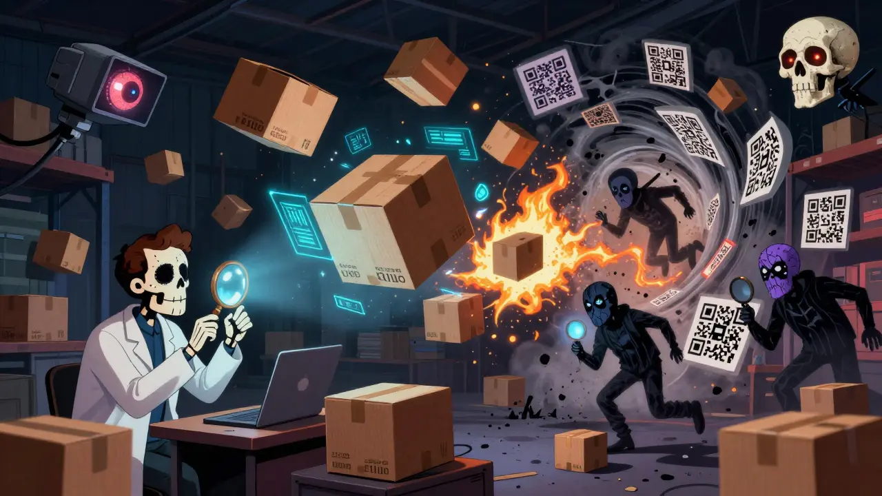 AI cameras scanning floating medicine boxes in a warehouse, with counterfeiters fleeing as QR codes burn to ash.