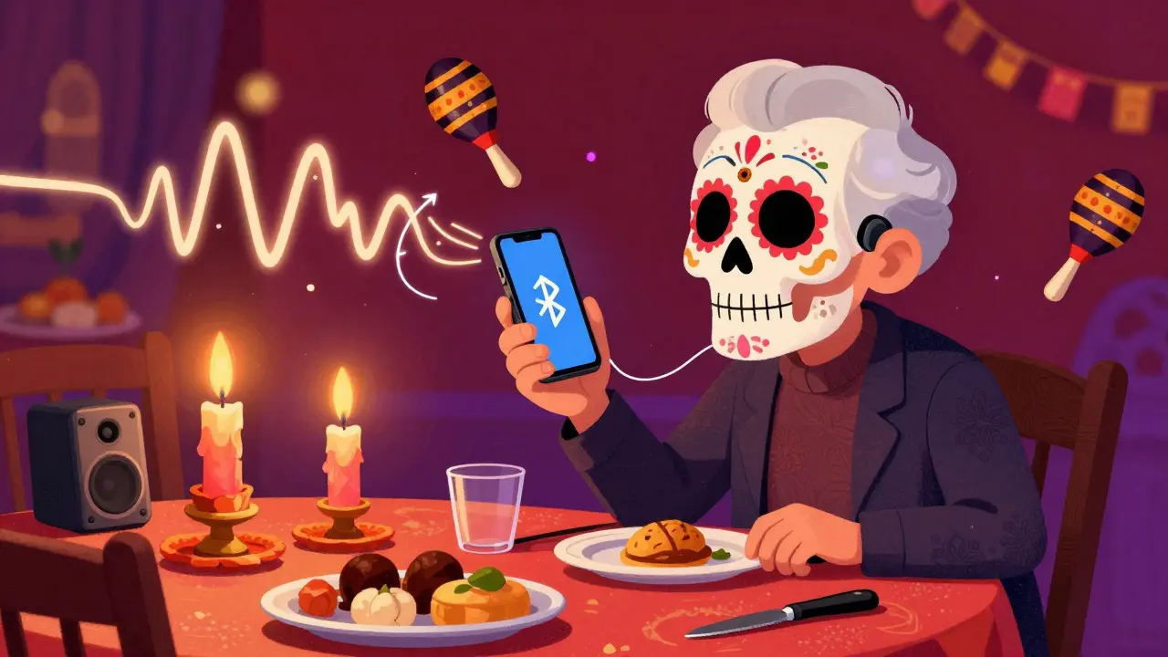 An elderly person with a calavera-shaped RIC hearing aid at a festive dinner, sound waves as dancing candles and maracas.