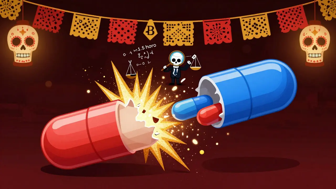 An extended-release pill bursts open with time-lapse particles, showing dangerous early spikes versus safe release, watched by a skull inspector.
