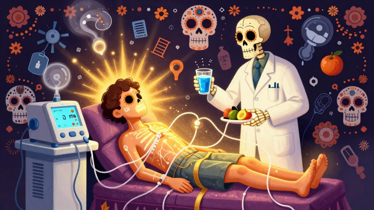 Dialysis machine as sacred altar cleansing patient with golden light, nephrologist skeleton offering food and water, symbolic numbers fading away.
