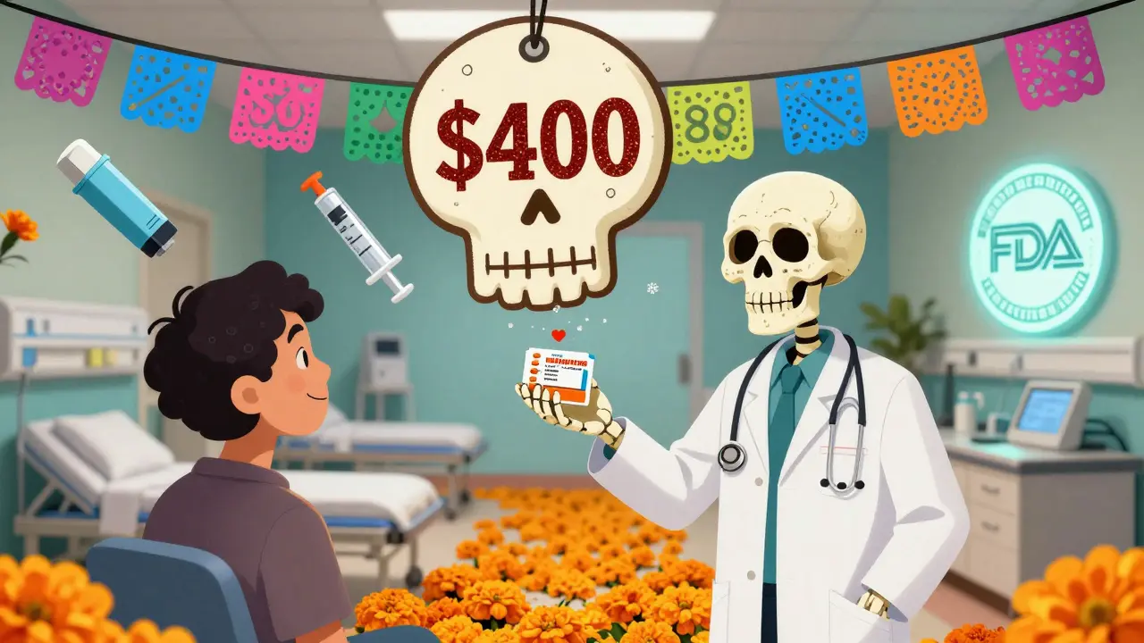 Doctor giving a patient a low-cost generic antibiotic package, price tag dropping from 0 to .