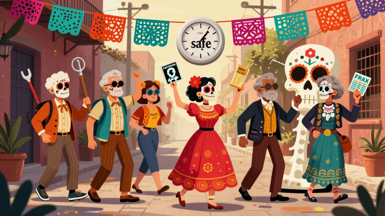 Elderly people walking through a colorful alley with bone-shaped banners, holding tools for bone health in Day of the Dead style.