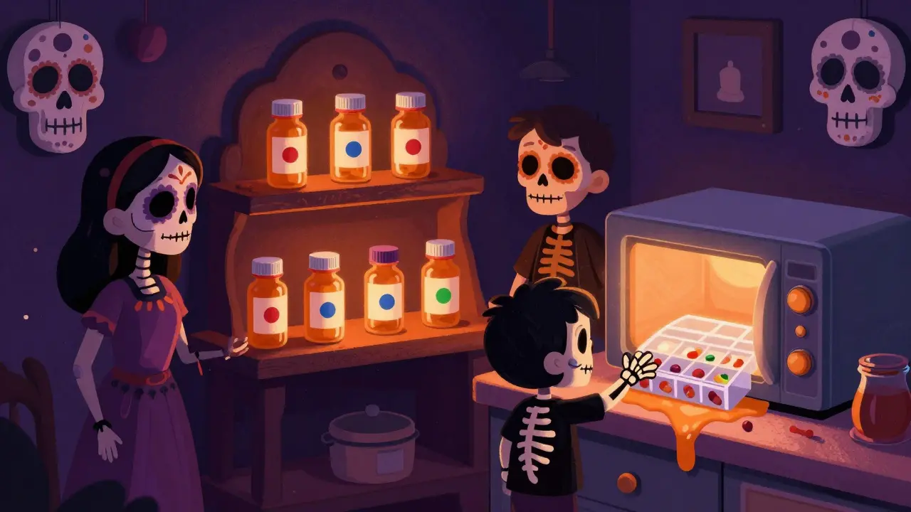 Family members surround medicine bottles with color-coded dots on a shelf, while a melting pill organizer glows under a microwave.