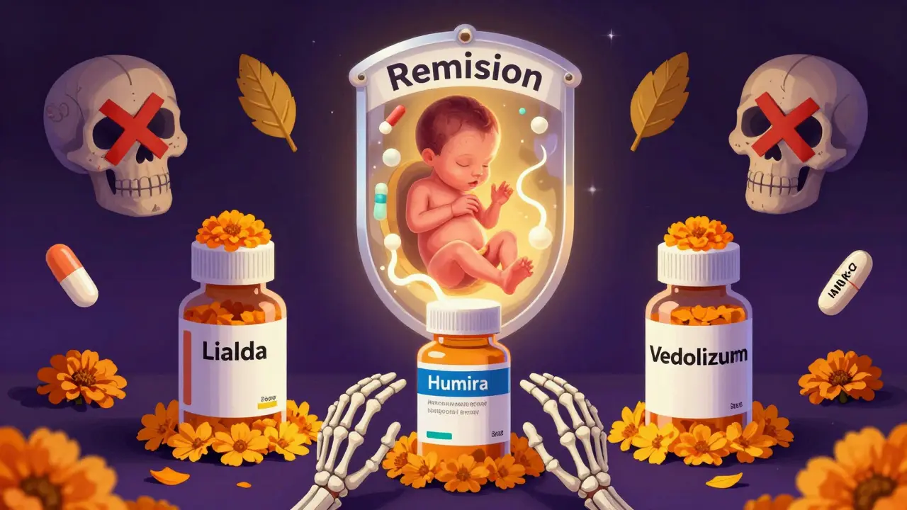 Medical altar with safe pregnancy medications, folate leaves, and banned drugs marked with X.