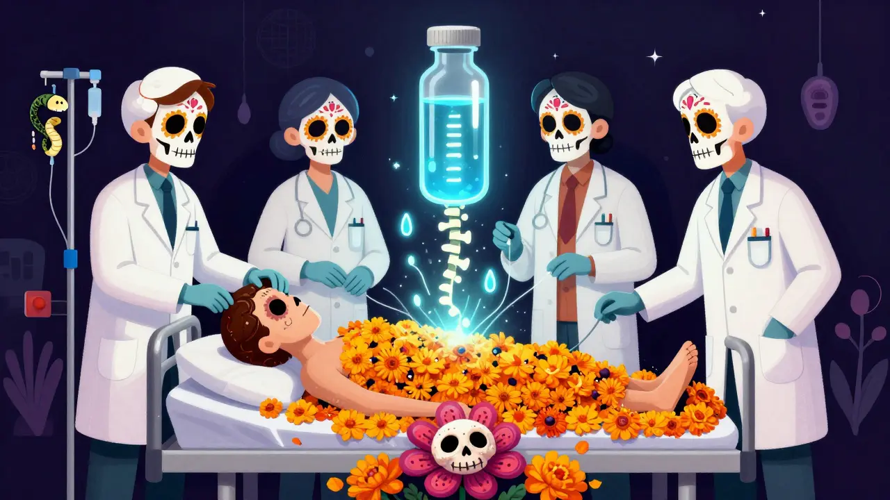 Medical team in bone-embroidered coats giving IV drips shaped like serpents to a patient on a marigold petal bed.