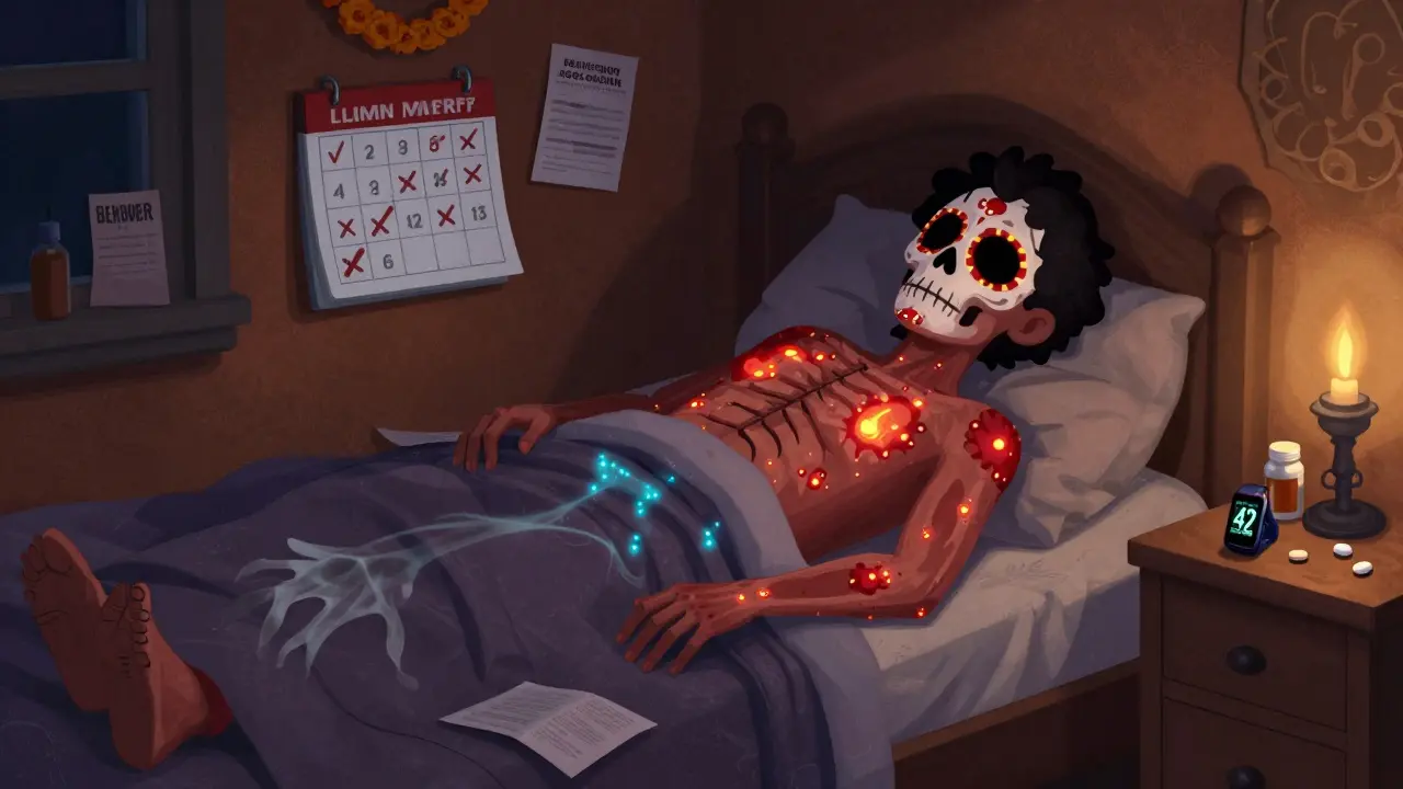 Patient lying awake at night with glowing itch marks, ghostly hand pulling skin, Fitbit showing low sleep score, discarded doctor pamphlets nearby.