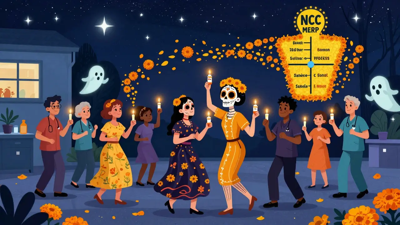 Patients and staff dance in a clinic courtyard holding candle-shaped pill bottles, with marigold petals forming a safety scale in the air.