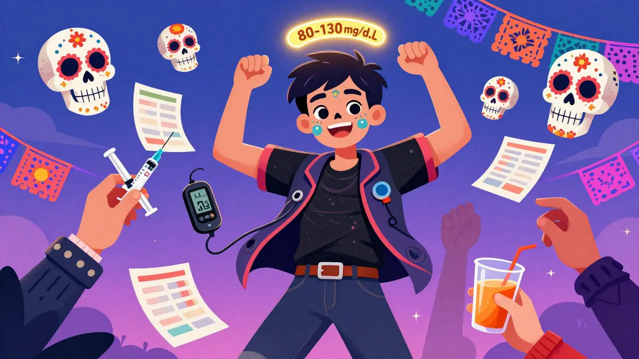 Person with insulin pump dancing under sugar skulls and blood sugar targets, supported by hands holding medical supplies.