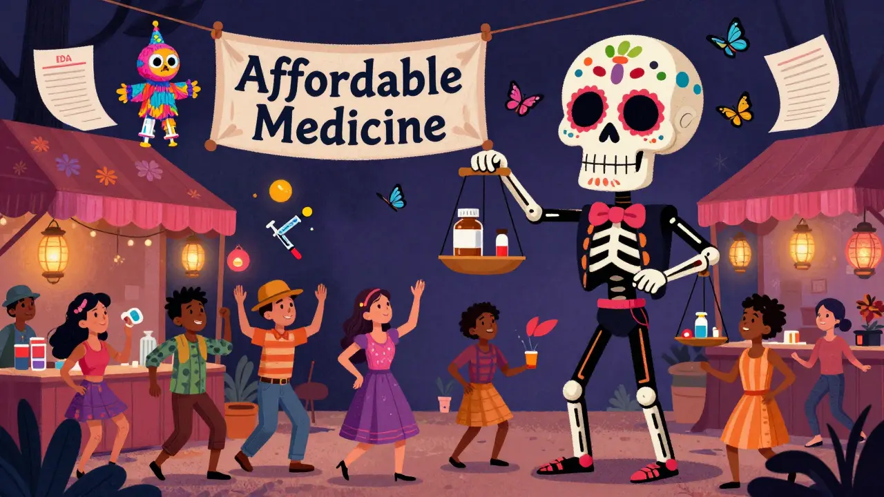 Skeletal manufacturers building generic meds from recycled devices in a festive marketplace.