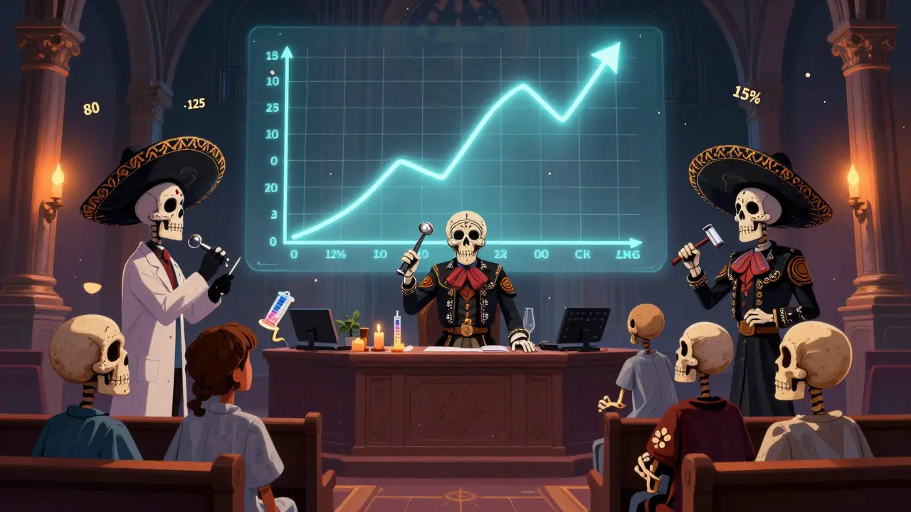 Skeletal scientists argue over a glowing drug curve in a courtroom, with judge skulls holding syringe gavels and patients watching from pews.