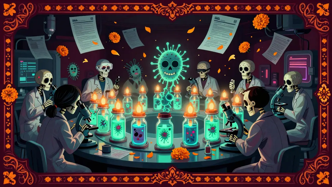 Skeletal technicians watching glowing vials in a media fill lab, contaminated ones releasing calavera-shaped bacteria.