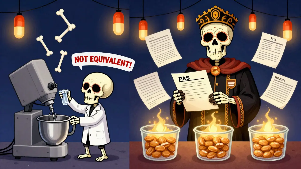 Skeleton swapping equipment with warning bones on one side, submitting PAS to a skull judge on the other, in Day of the Dead style.