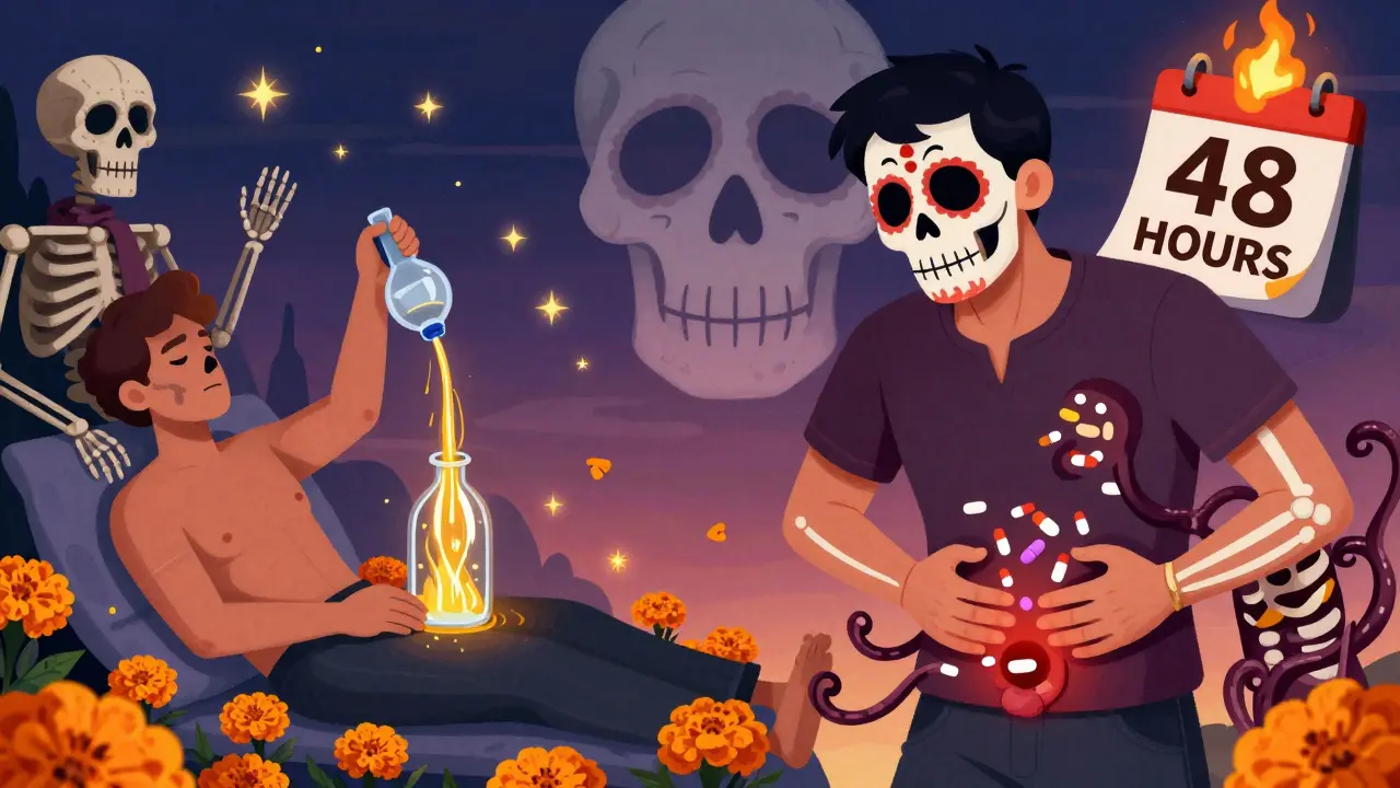 Split scene: peaceful saline rinse on one side, bladder crushed by pill tentacles on the other, under a skull-shaped sky in Day of the Dead style.