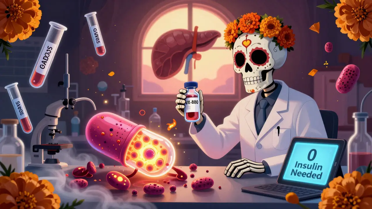 Stem cell capsule regenerating beta cells in a lab, surrounded by dissolving antibodies and marigolds in Day of the Dead style.
