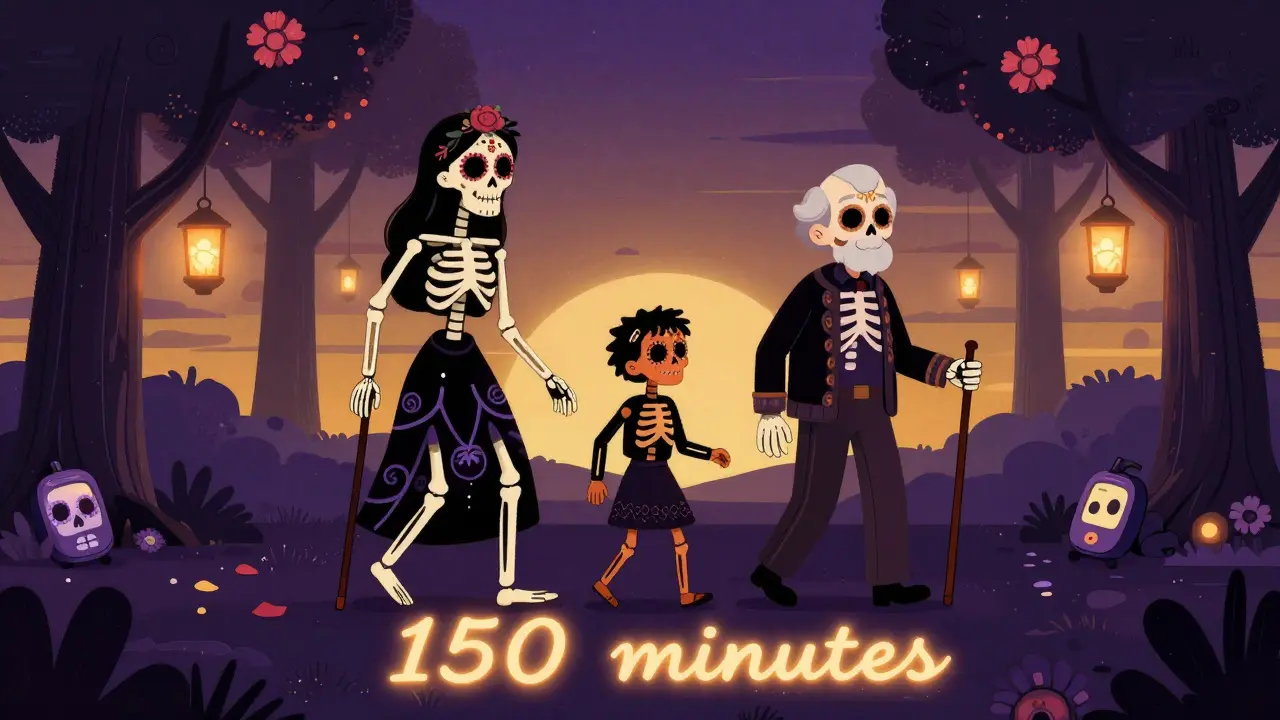 Three diverse skeletons walk together at dusk, following glowing footprints that spell out '150 minutes'.