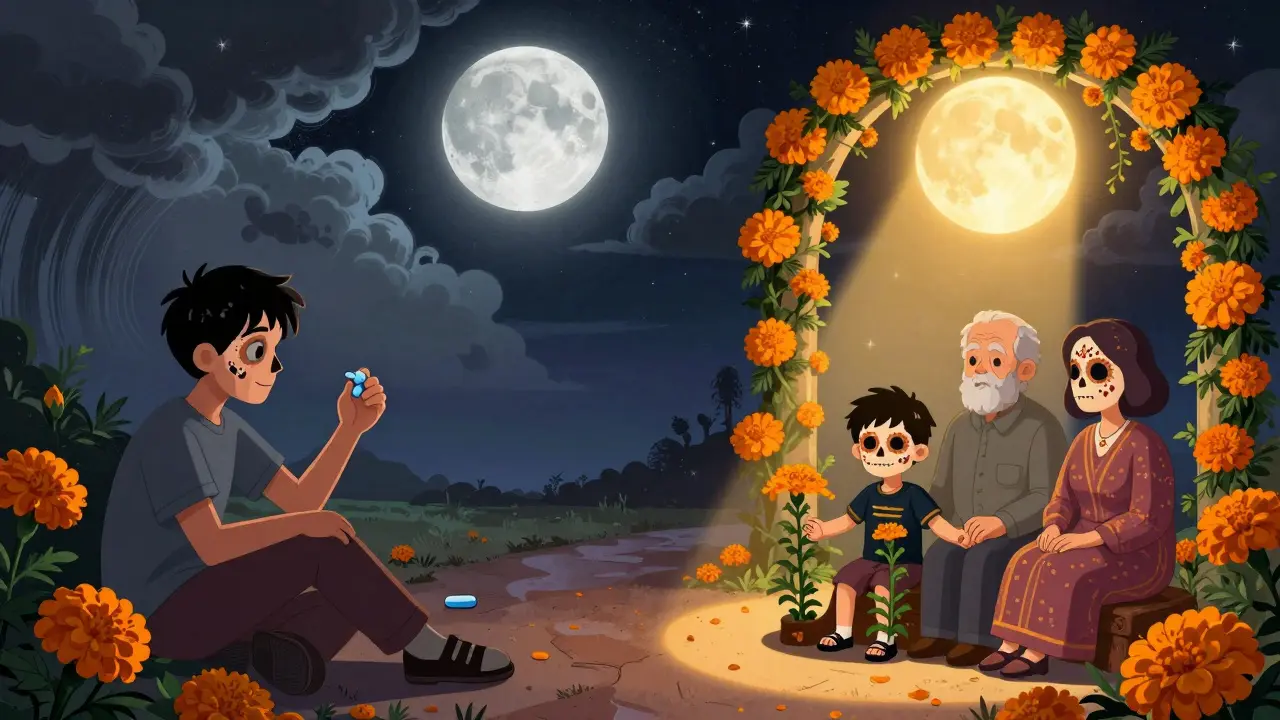 Two paths for teen depression: one with medication and storms, the other with family and blooming marigolds.