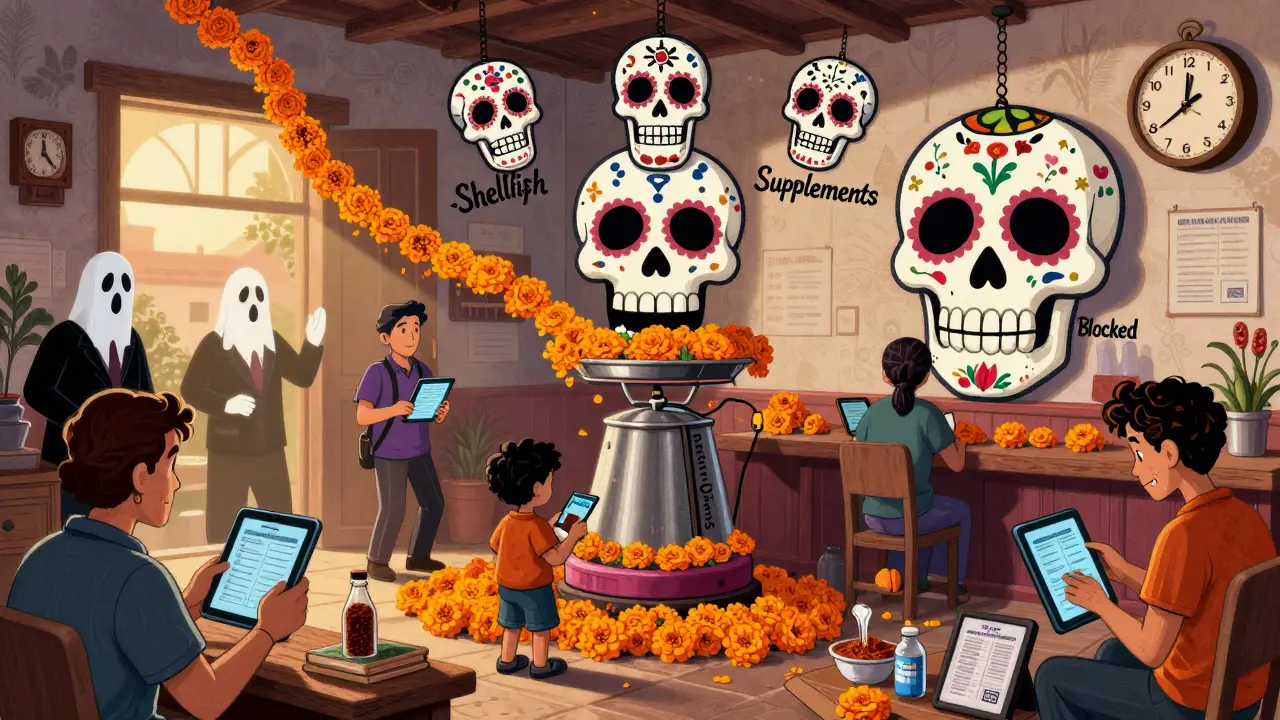 Workers in a spice mill scramble as ghostly inspectors appear, with sugar skulls representing risky foods and a clock frozen at 3:17 AM symbolizing unannounced visits.