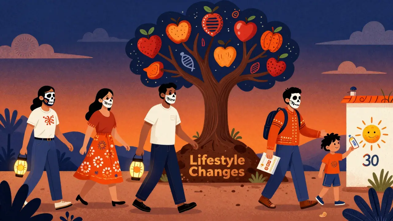 A community walking group under twilight, wearing skeletal masks, with a tree bearing fruit shaped like DNA and sunscreens.