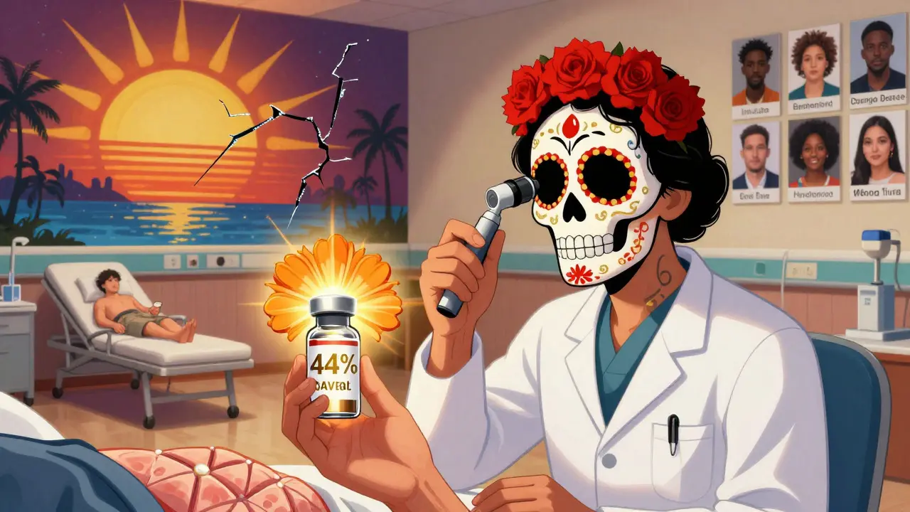 A dermatologist using a glowing device to reveal a melanoma as a sugar skull beneath the skin, while an mRNA vaccine blooms into a radiant flower.