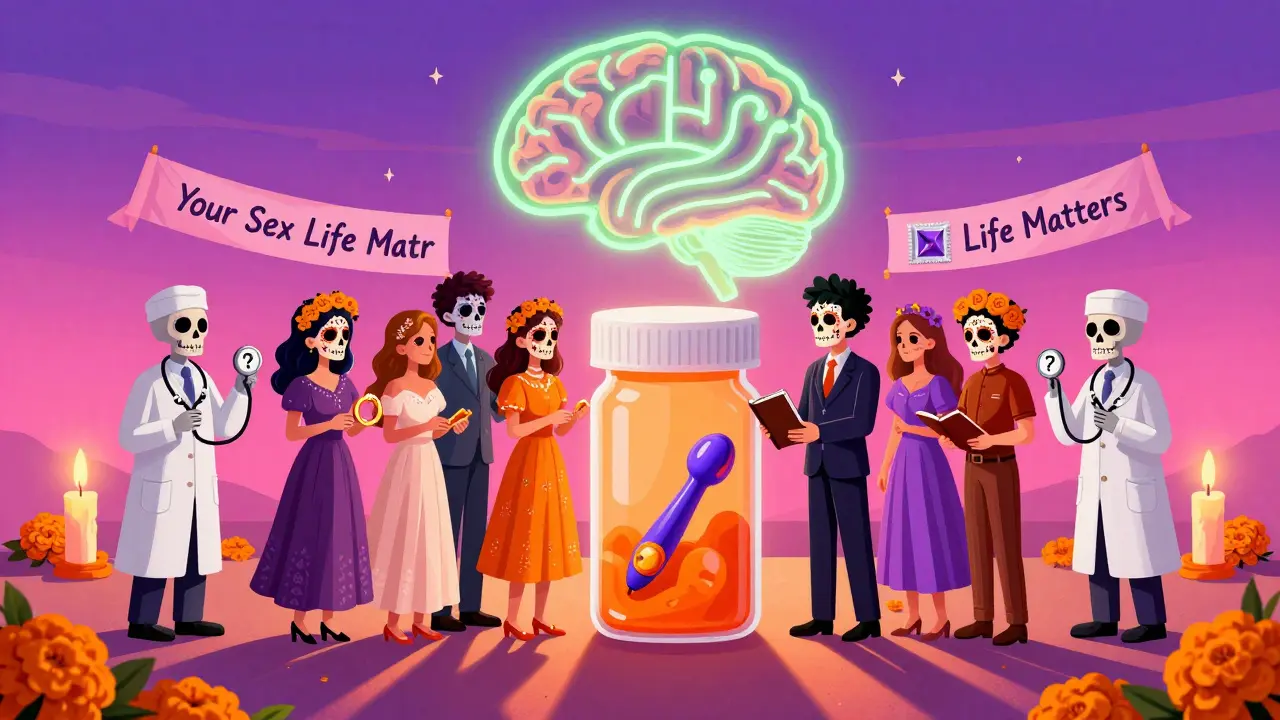 A diverse group offering personal items at an altar shaped like a pill bottle, surrounded by skeletal healers and glowing brain pathways.