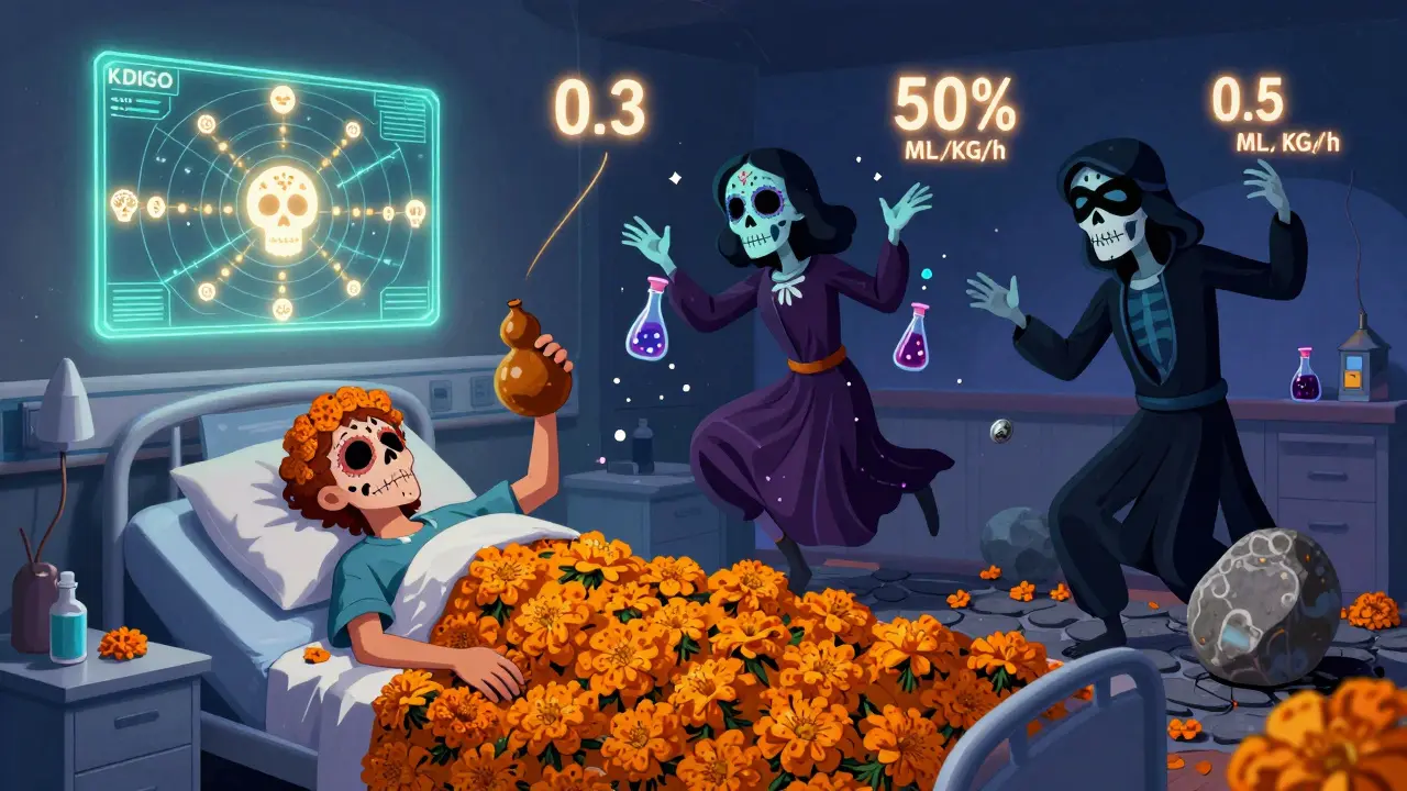 A hospital room where three spectral figures representing AKI types dance around a patient, with a glowing diagnostic chart of kidney metrics as sugar skull glyphs above.