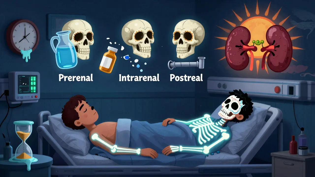 A hospital room with a patient surrounded by three symbolic skulls representing AKI causes, glowing bone patterns and melting clock.
