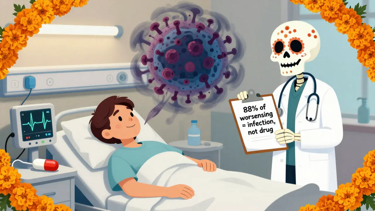 A patient in a hospital room with a looming infection shadow larger than the antibiotic pill, guided by a skeletal doctor.