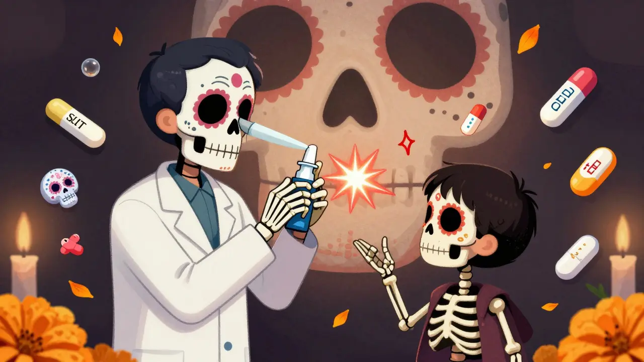 A pharmacist skeleton demonstrating correct nasal spray technique, with animated nasal passages and medication pills nearby.
