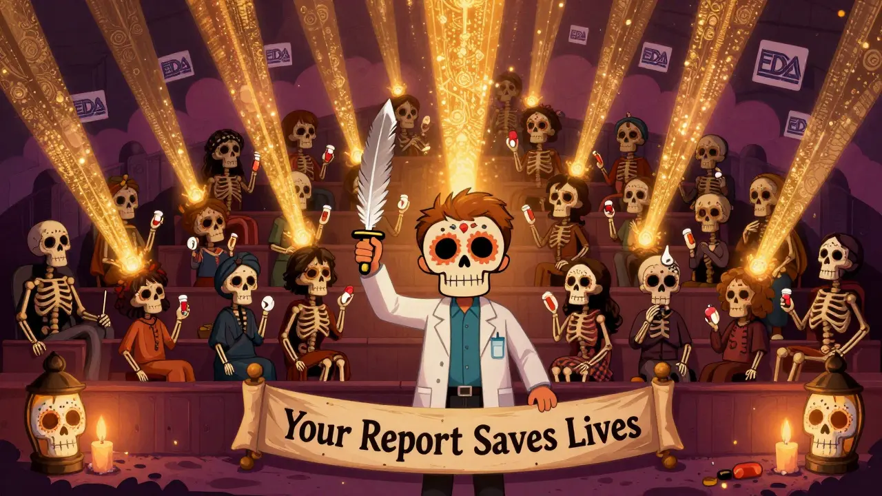 A pharmacist stands before a mural of 1,000 skeletal patients, 387 glowing as golden light beams rise toward FDA symbols.