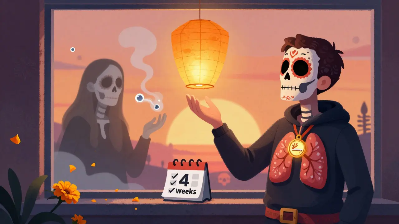 A recovered patient watches a lung-shaped lantern fly away, while their collapsed self fades into petals, symbolizing healing and prevention in Day of the Dead style.