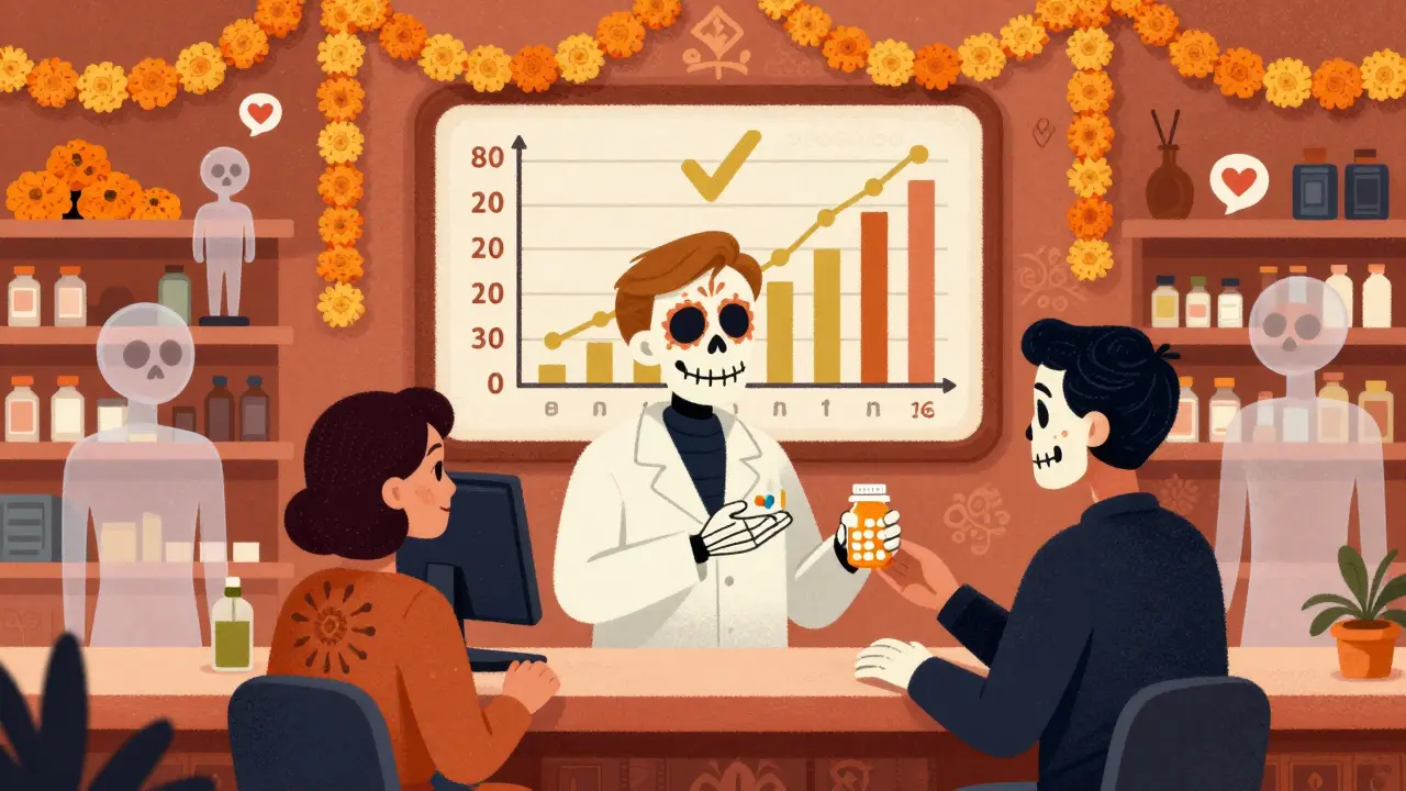 A skeleton pharmacist handing a pill bottle to a patient, with a glowing 80-125% chart and marigold garlands in the background.