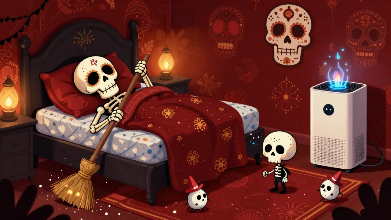 A skeleton sleeping under an allergen-proof cover, with dust mites being swept away by a glowing broom in a decorated bedroom.