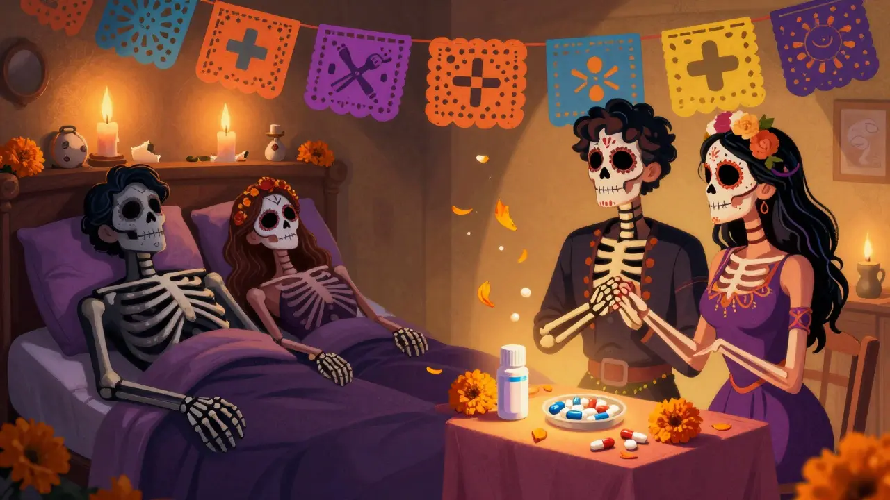 A split scene showing a couple losing intimacy on one side, and regaining connection through medication on the other, in Day of the Dead style.
