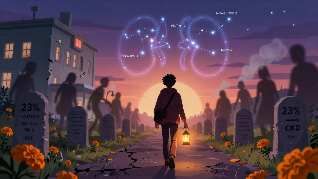 A survivor walks away from a hospital carrying a kidney lantern, path lined with markers, sky forming a kidney constellation.