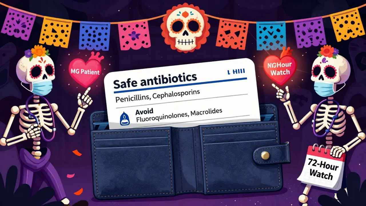 A wallet with a safe antibiotic list, surrounded by dancing skeleton doctors and marigold banners under a '72-Hour Watch' calendar.