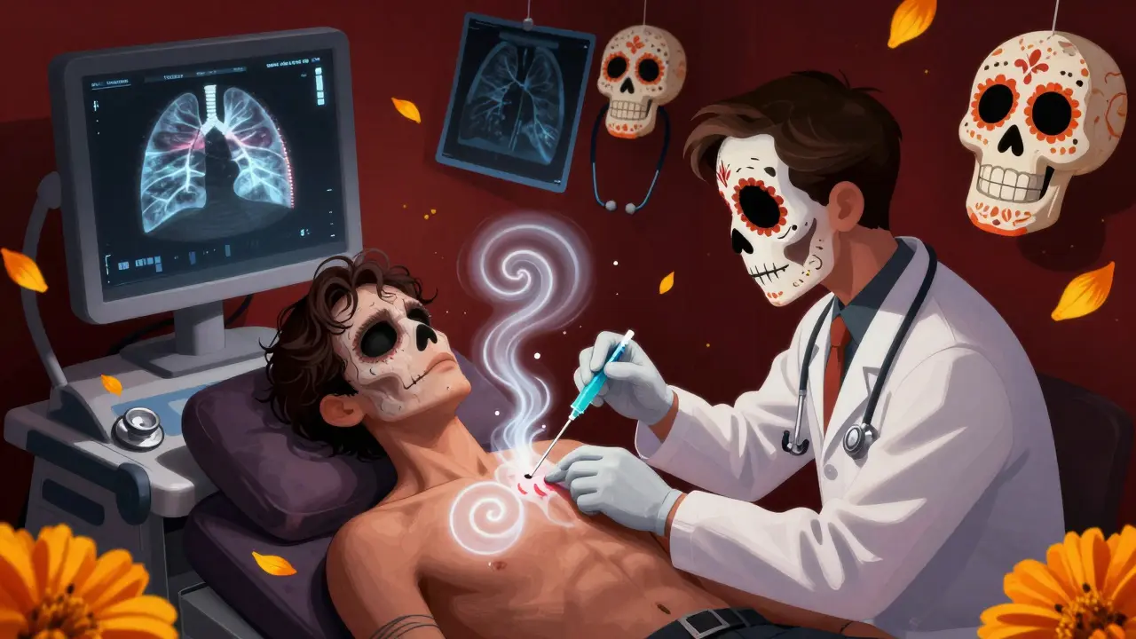 An emergency doctor inserts a needle into a patient's chest as ghostly air spirals escape, with calaveras holding medical tools in a vibrant, candlelit scene.