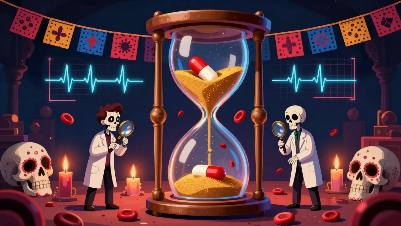 An ornate hourglass with sand as blood cells flowing between brand and generic pills, surrounded by medical graphs and papel picado.